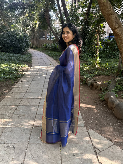 Dark blue Kota Doria silk saree with silver and red border