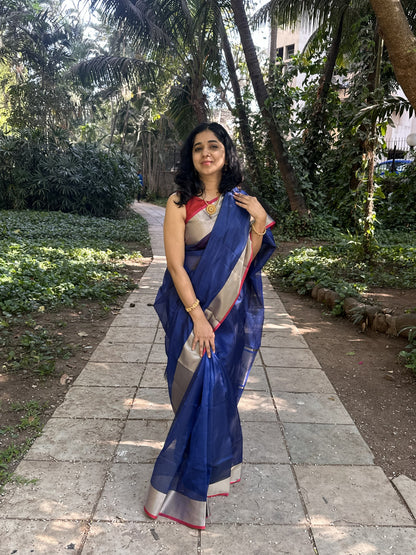 Dark blue Kota Doria silk saree with silver and red border