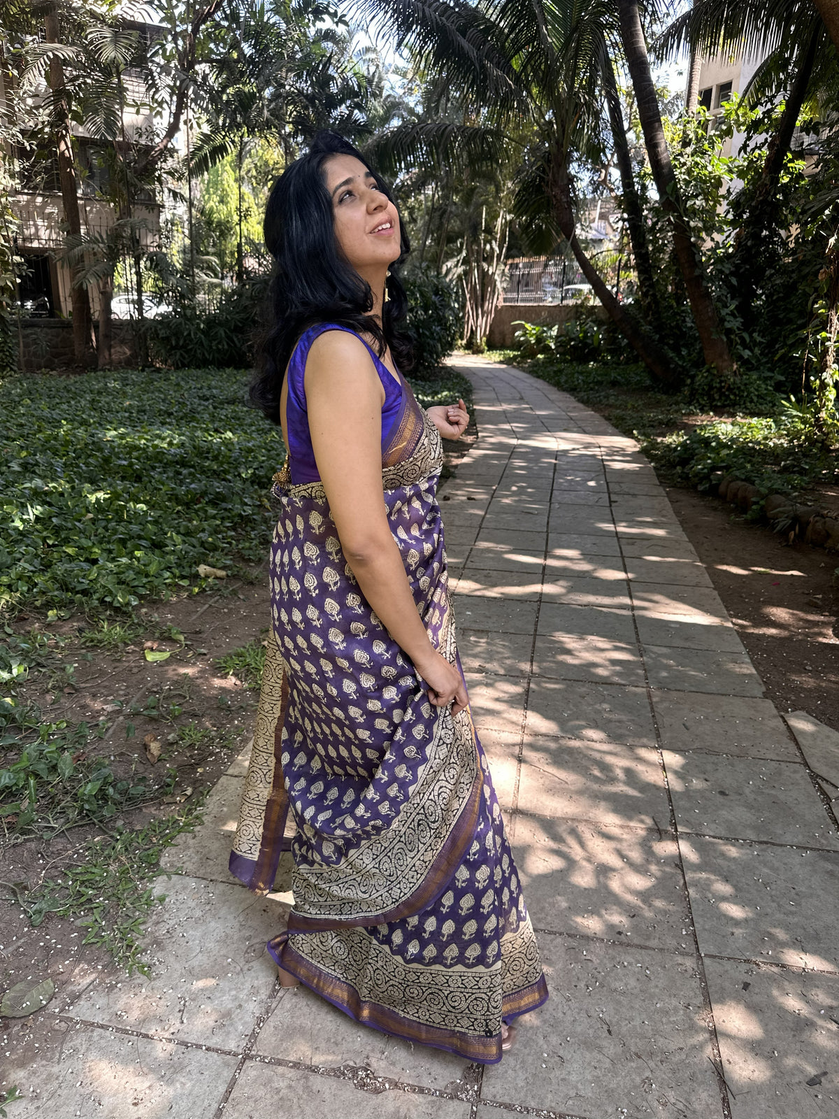 Blue and beige Maheshwari cotton silk saree with handblock print