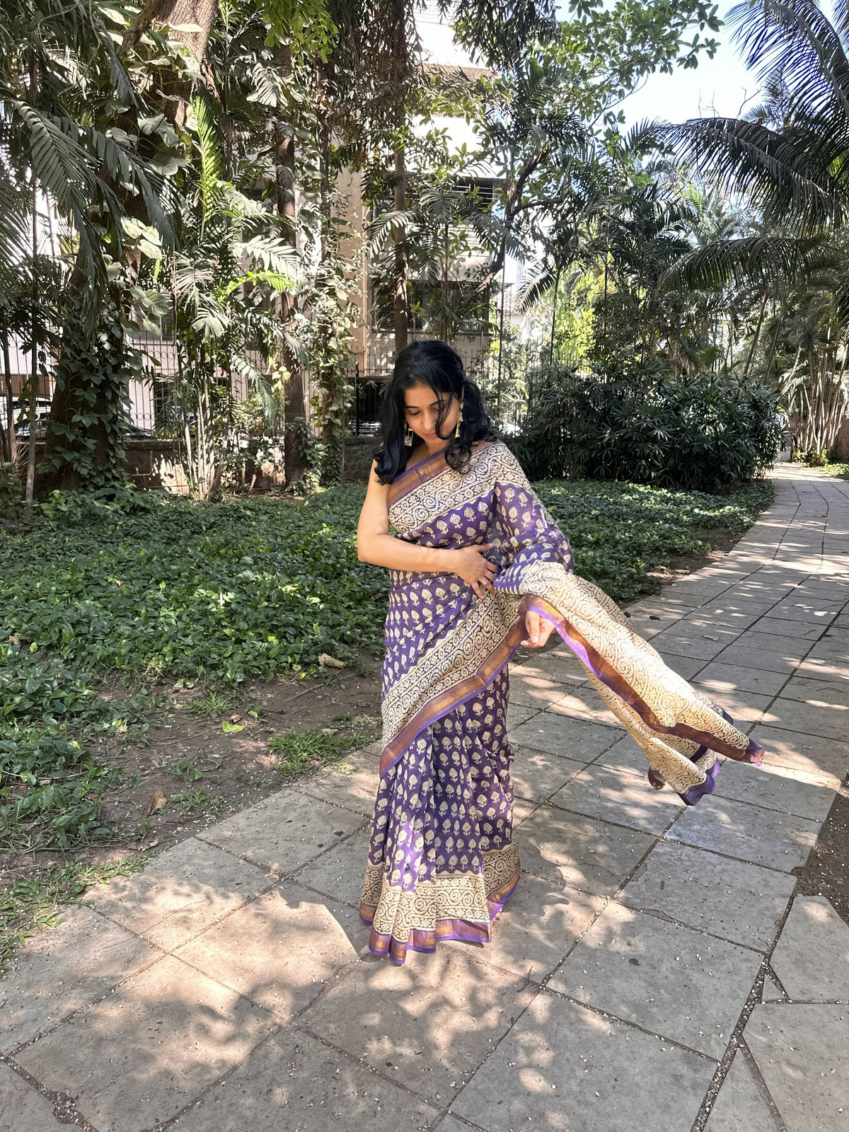 Blue and beige Maheshwari cotton silk saree with handblock print