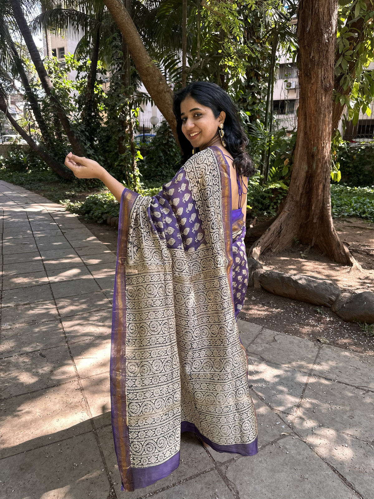 Blue and beige Maheshwari cotton silk saree with handblock print