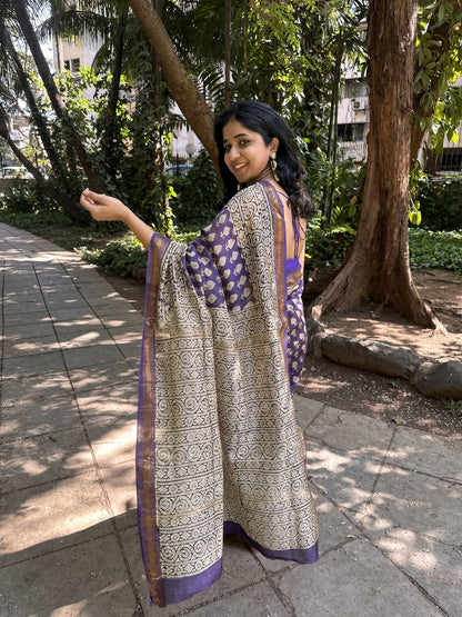 Blue and beige Maheshwari cotton silk saree with handblock print