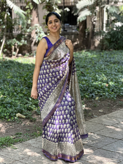 Blue and beige Maheshwari cotton silk saree with handblock print