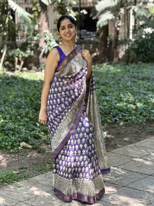 Blue and beige Maheshwari cotton silk saree with handblock print