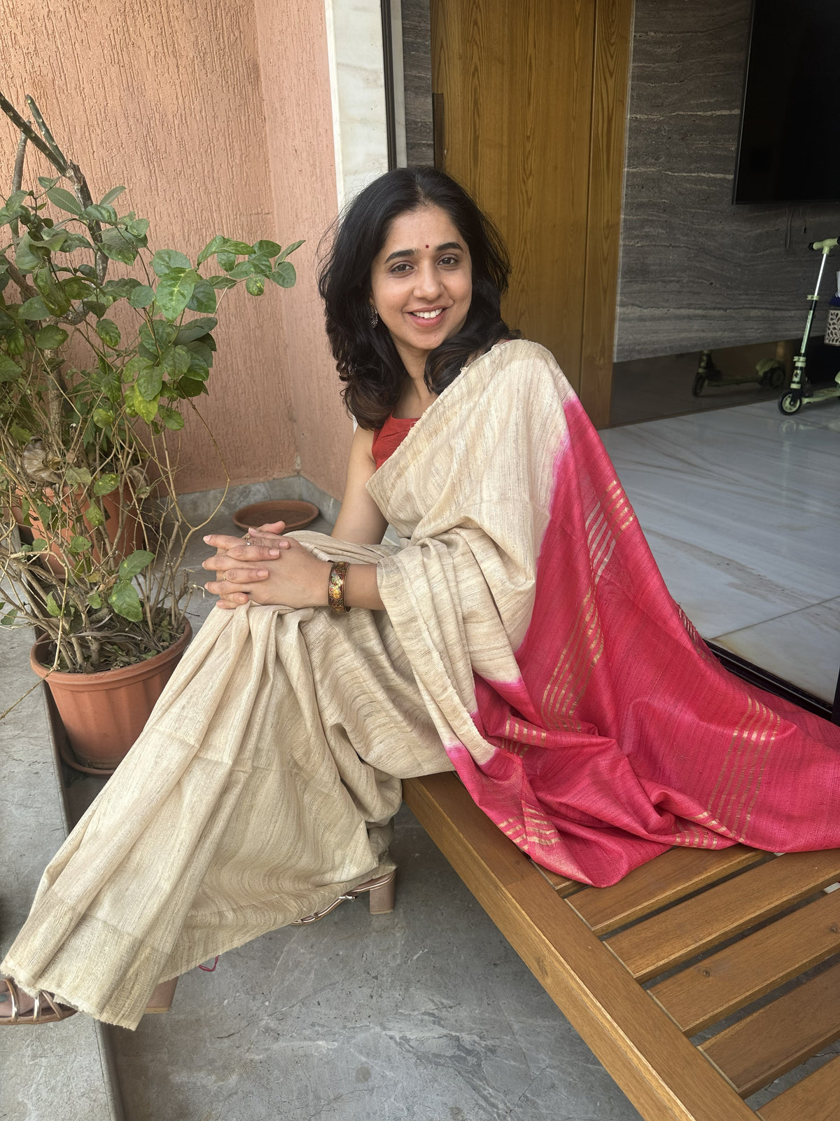 Off-white tussar Ghicha saree with zari border and maroon pallu
