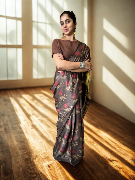 Brown Modal Silk Natural colour handblock print saree