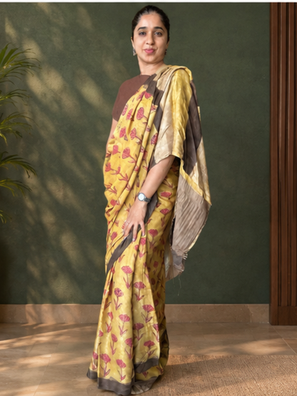 Brown Modal Silk Natural colour handblock print saree