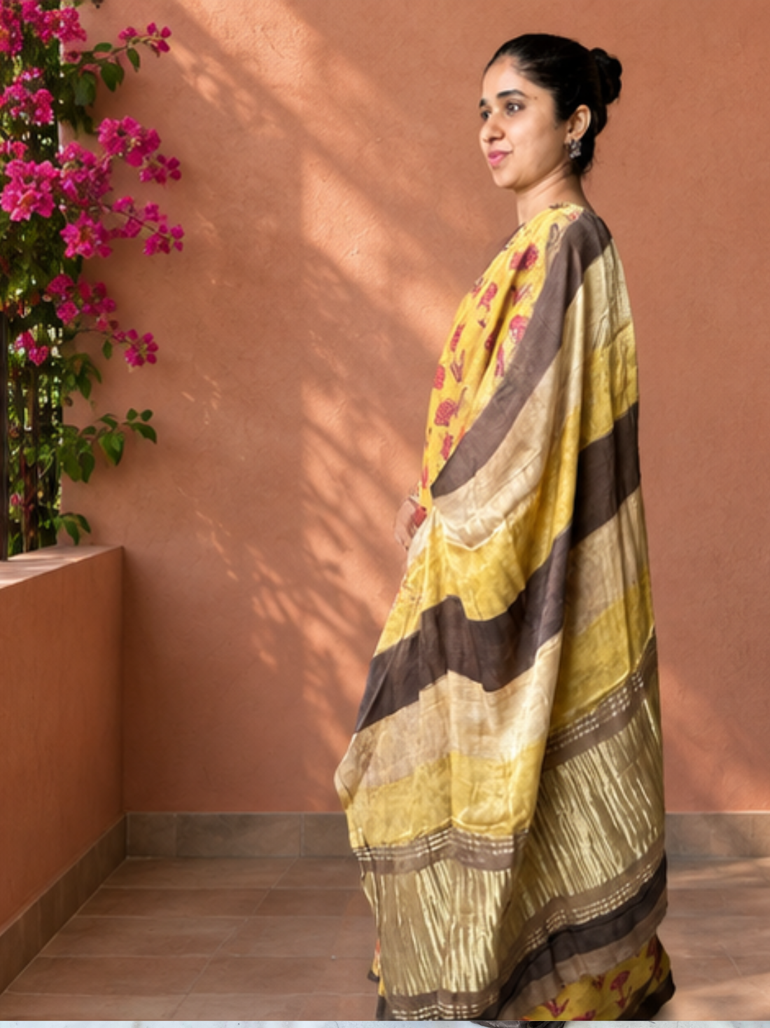 Yellow Modal Silk Natural colour handblock print saree