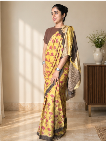 Yellow Modal Silk Natural colour handblock print saree